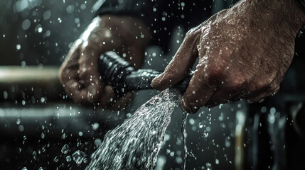 Fototapeta premium Close up of plumber hands gripping hose, water splashing around