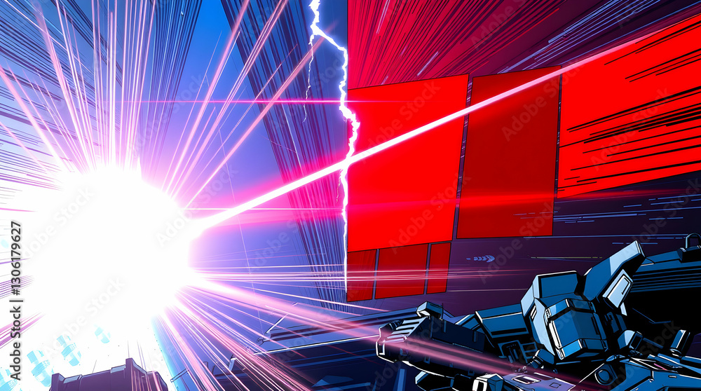 Poster a dynamic scene with a bright light source, radiating lines, a lightning bolt, red rectangular shape