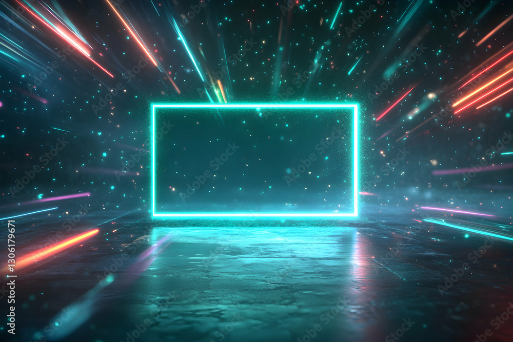 Poster abstract futuristic background with glowing neon rectangle frame and light