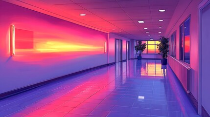 Vibrant Neon Corridor Gleaming Floor Warm Sunset Hues. AI Generated