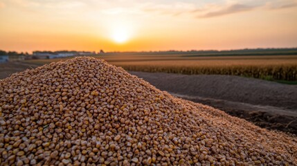 Sunset corn harvest pile, field background