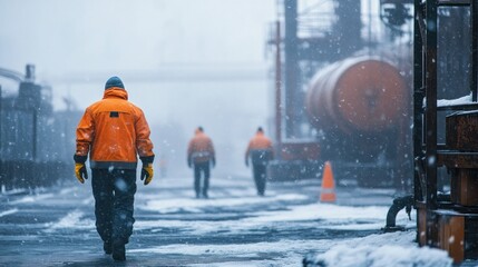 Fototapeta premium Worker walking snowy industrial plant, blizzard, safety (1)