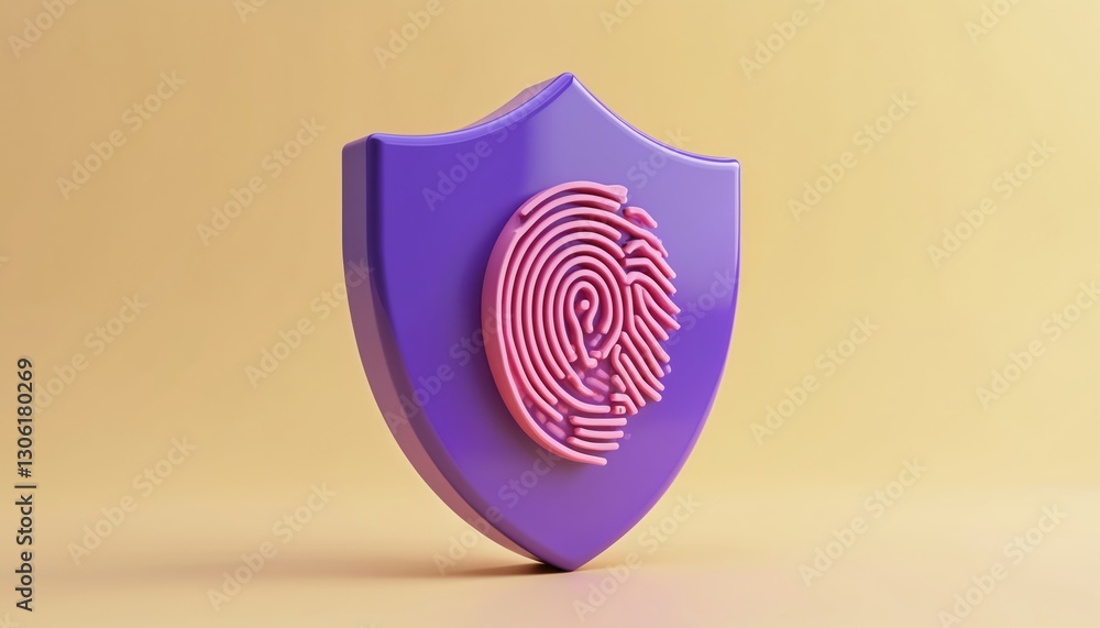 Fototapete Stylized 3D purple shield with pink fingerprint represents digital security, access control, biometric authentication tech. Symbol of personal data protection, safe online network access, user