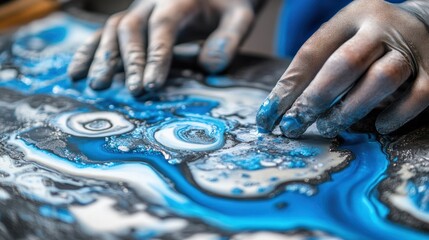 Obraz premium Artist's hands pouring fluid acrylics, creating abstract art in studio