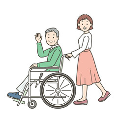 車椅子に座って手を振る高齢男性と介助ををする若い女性のイラスト
