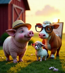 Naadloos Fotobehang Airtex A whimsical farm scene at sunset, featuring a playful pig in a straw hat, a sheep with oversized glasses, and a cow painting a masterpiece on a barn wall. © visualnest