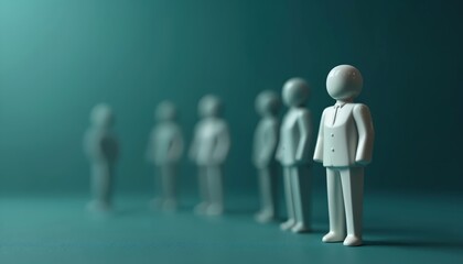 Employee onboarding process. Row of toy plastic faceless workers. The concept of human resources, first day at work, team introduction, corporate culture. Newcomer stands out leadership qualities.