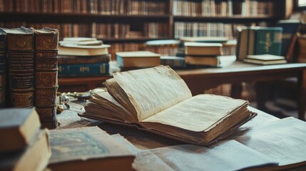 Antique book open on library table, bookshelves background, research