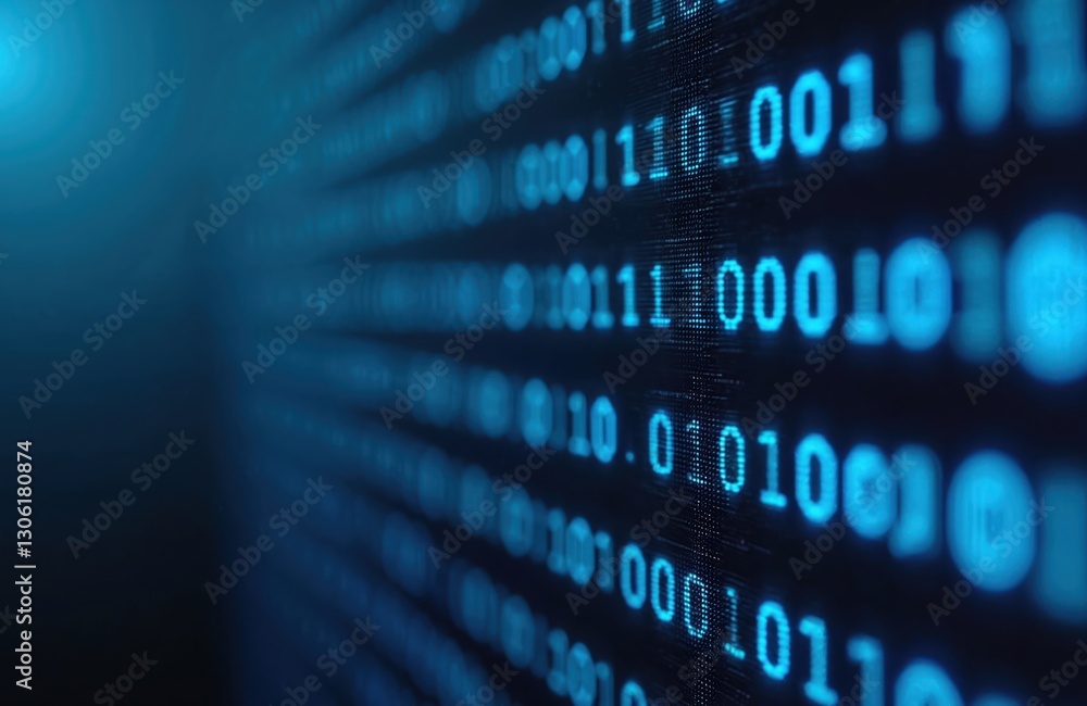 Fototapete Abstract digital binary code background. Glowing blue numbers on screen. Data stream matrix, cybernetic encryption technology concept. Modern virtual cyberspace system. Computer programming interface