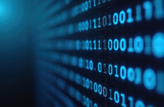 Abstract digital binary code background. Glowing blue numbers on screen. Data stream matrix, cybernetic encryption technology concept. Modern virtual cyberspace system. Computer programming interface