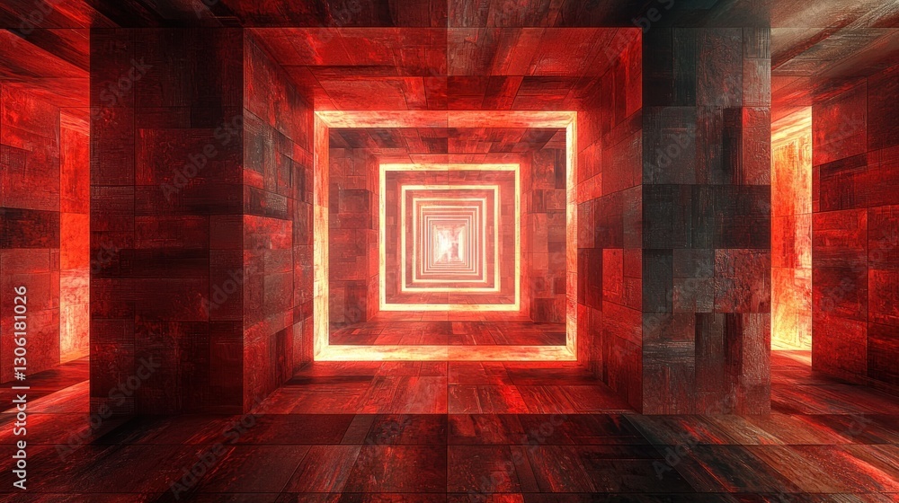 Poster red illuminated corridors with a series of geometric square frames