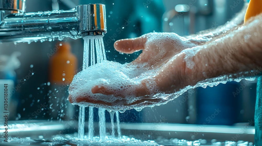 Poster a photograph of hands washing under running water emphasizing the importance of proper hygiene and h