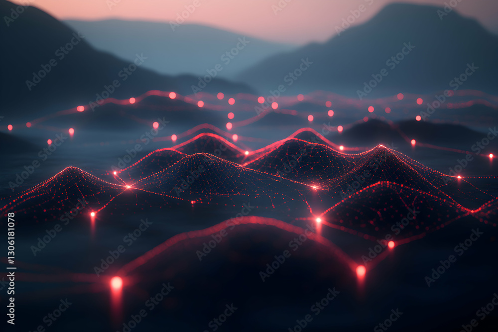Poster abstract technological landscape with red lights and data visualization