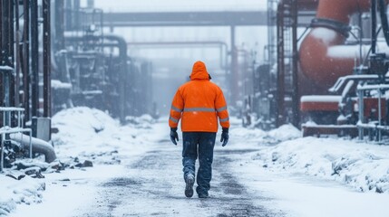Worker walking snowy industrial plant, winter (1)