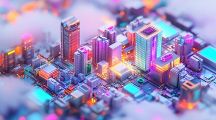 Futuristic city glowing in clouds; digital illustration, tech background, website banner