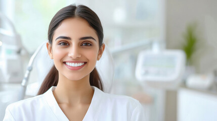 a young Indian woman with fair skin smiling radiantly after a fully satisfying skin glow treatment.