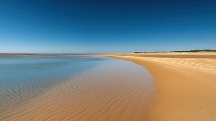 Calm beach, tranquil ocean, clear sky, dunes background, summer vacation