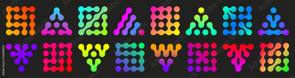 Poster metaball gradient neon shapes on dark background - vibrant glowing symbols with smooth blending tran