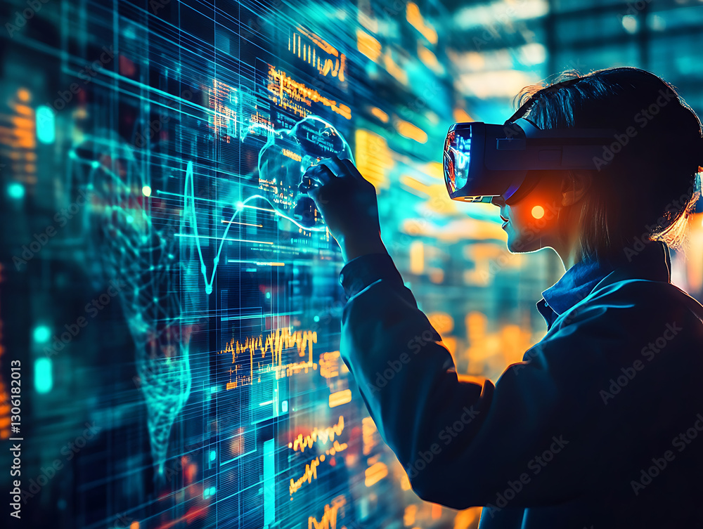 Poster exploring virtual reality technology modern office digital interaction high-tech environment side vi