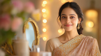 Indian young woman with fair skin showcasing radiant, glowing skin from excellent skincare.