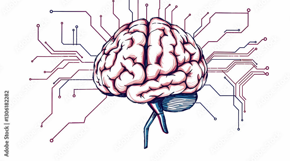 Poster human brain illustration with digital circuitry lines, representing the connection between human int