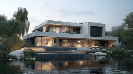 Obraz premium Contemporary Modern Lakeside Residence Showcasing Architecture and Landscape Design