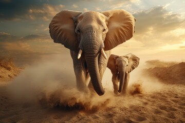 Fototapeta premium Majestic African Elephants Charging Across the Savannah at Sunset: A Breathtaking Wildlife Scene