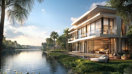 Obraz premium Modern luxury home next to tranquil water with palm trees