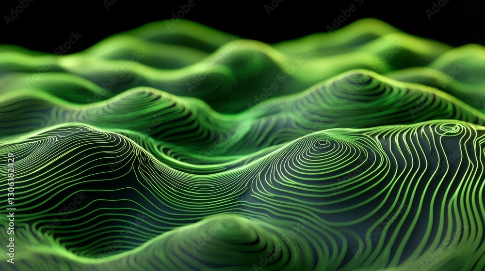 Poster an abstract design with a dark background, showcasing a luminous green topographic landscape with fl