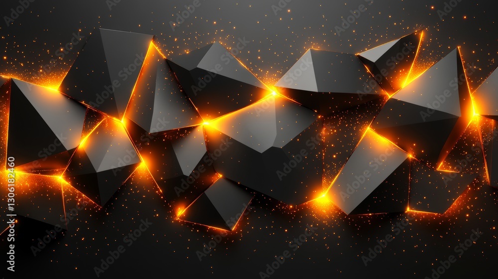 Poster an abstract image of dark geometric forms highlighted with orange light on a black backdrop, creatin