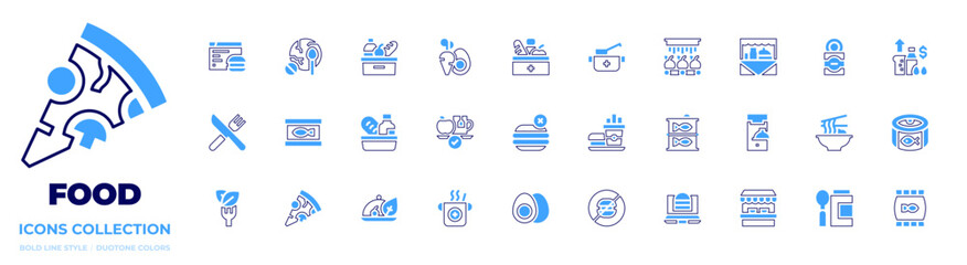 Food icon collection. Bold line style. Duotone colors. restaurant, noodle, wash, catering, street food, vegan food, baby food, tinned food, cat food