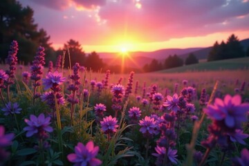 Naklejka premium Sunset illuminates vibrant purple wildflowers , meadow, backdrop, color