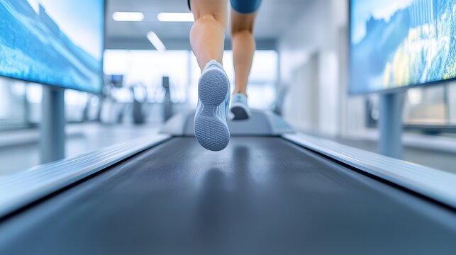 Virtual Reality Fitness: Person Running on Treadmill Surrounded by Immersive Digital Landscapes