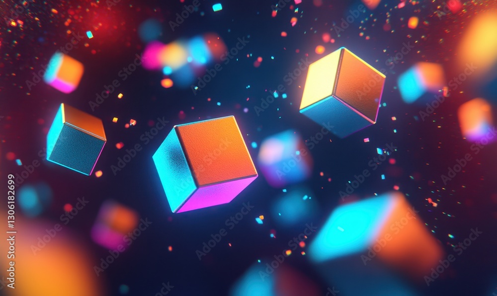 Poster neon cubes floating in dark space with colorful particles, ideal for digital backgrounds