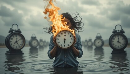 women holding burning clock, perfect illustration that time is consuming you, 