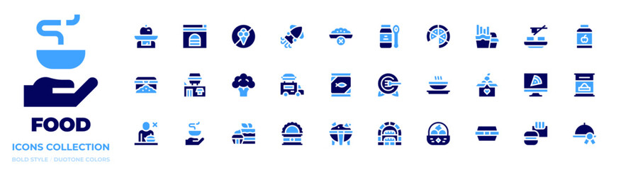Food icon collection. Bold style. Duotone colors. squid, hunger, oven, food truck, canned food, food box , food tray , baby food , food , fast food