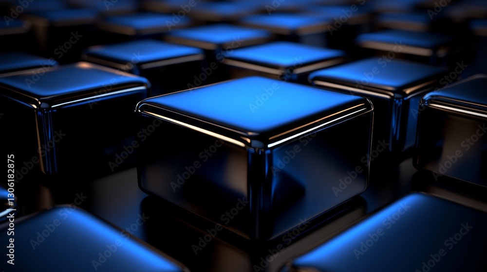 Poster 3d rendered pattern of metallic geometric shapes on a surface of textured dark cubes