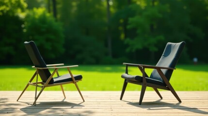 Relaxing outdoor seating on a wooden deck overlooking a vibrant green lawn