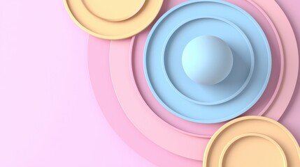 Soft Pastel Plates and Sphere Arrangement on Pink Background