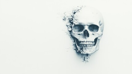 A crumbling human skull disintegrating on a pristine white background