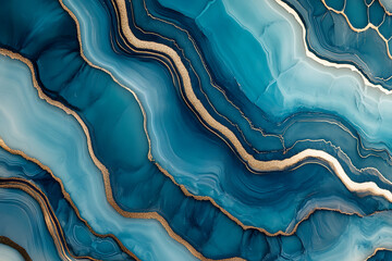 Obraz premium Flowing abstract blue waves with golden accents artistic design modern style vibrant colors close-up perspective