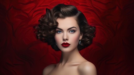 A glamorous beauty portrait featuring a woman with old Hollywood waves, deep red lips, and vintage styling