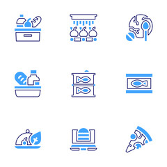 Food icon set. Bold line style. Duotone colors. Editable stroke. wash, vegan food, tinned food, cat food, order food , food , no food , pizza