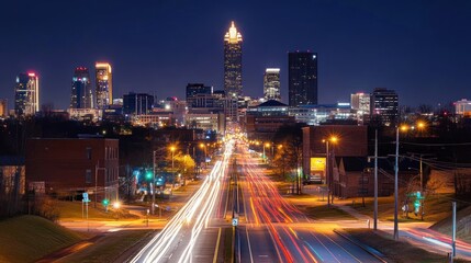 Fototapeta premium Night cityscape highway light trails, urban background, travel poster