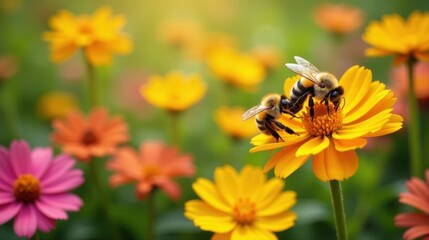 Two busy honeybees diligently collecting nectar from a vibrant yellow flower in a sunlit meadow, surrounded by a profusion of colorful blossoms.