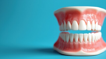 Obraz premium Realistic Model of Human Teeth and Gums on a Bright Blue Background