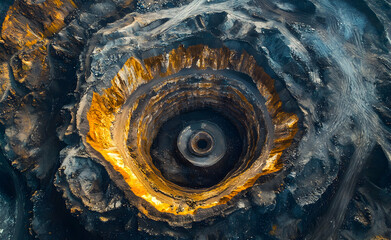 Aerial view of a vast open-pit mine showcasing geological layers and textures