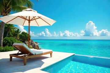 Obraz premium Upscale umbrella & lounge chair by pool, vivid blue sky , sunbed, tranquil, sunshine