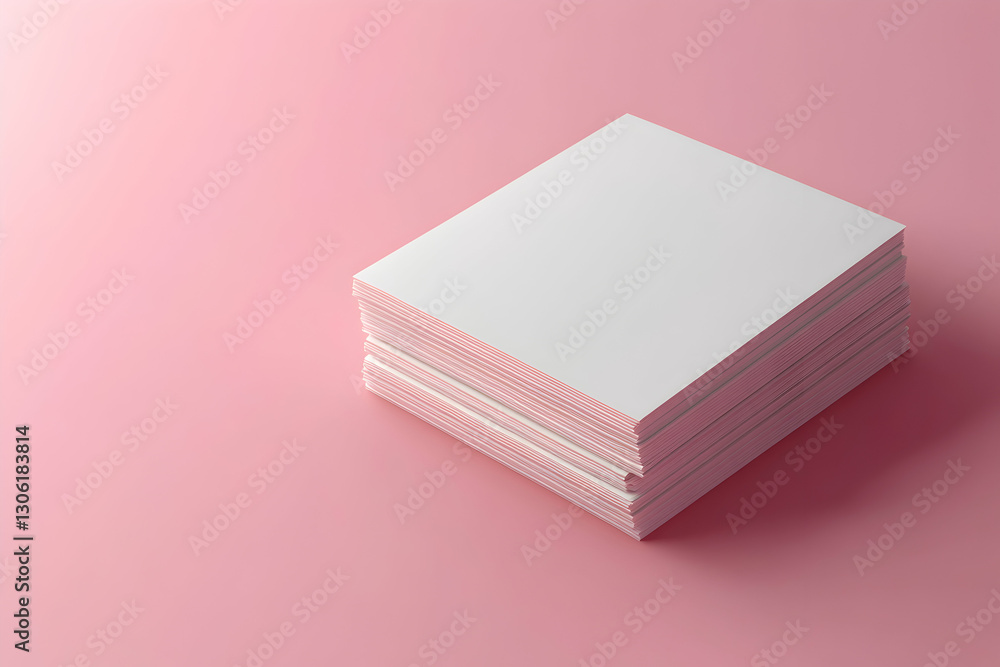 Poster aesthetic photorealistic rendering of a pristine stack of paper with a minimal pink background for v