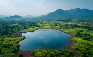 Aerial View of Serene Lake Surrounded by Lush Greenery and Rolling Hills